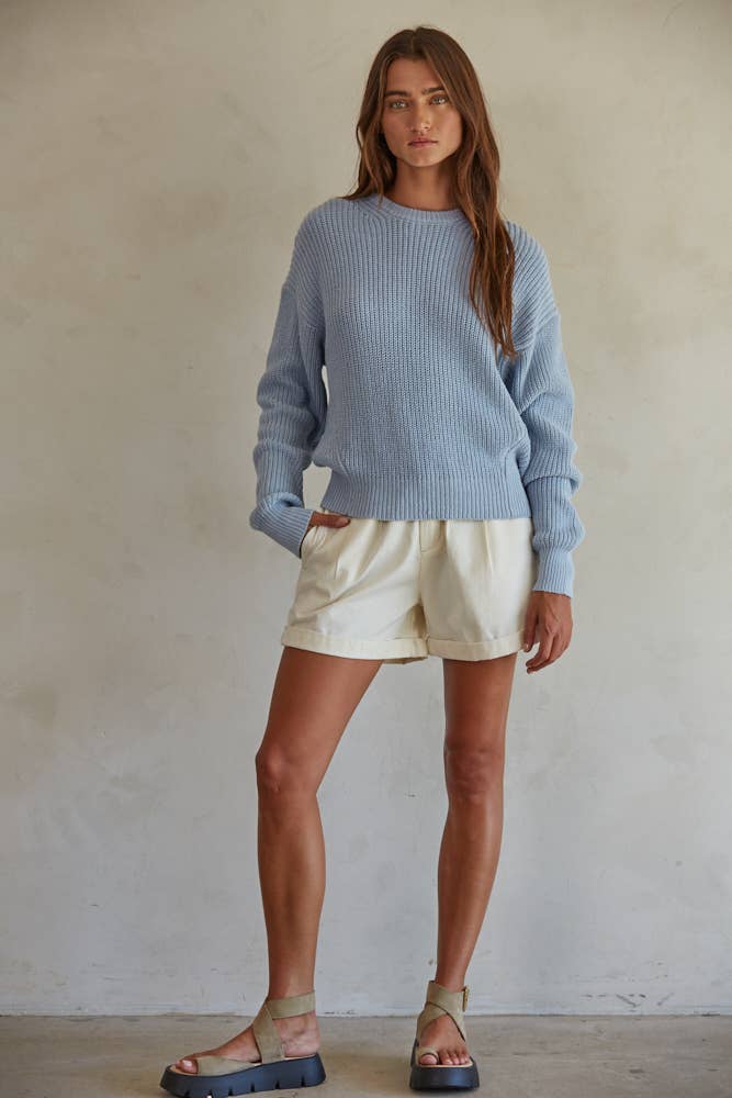 Blue Ribbed Knit Sweater