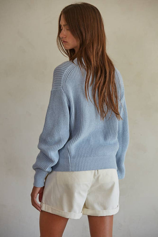 Blue Ribbed Knit Sweater