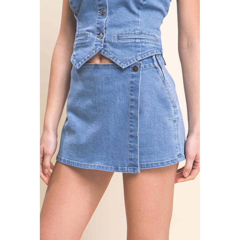 Denim Snap-On Button Skort