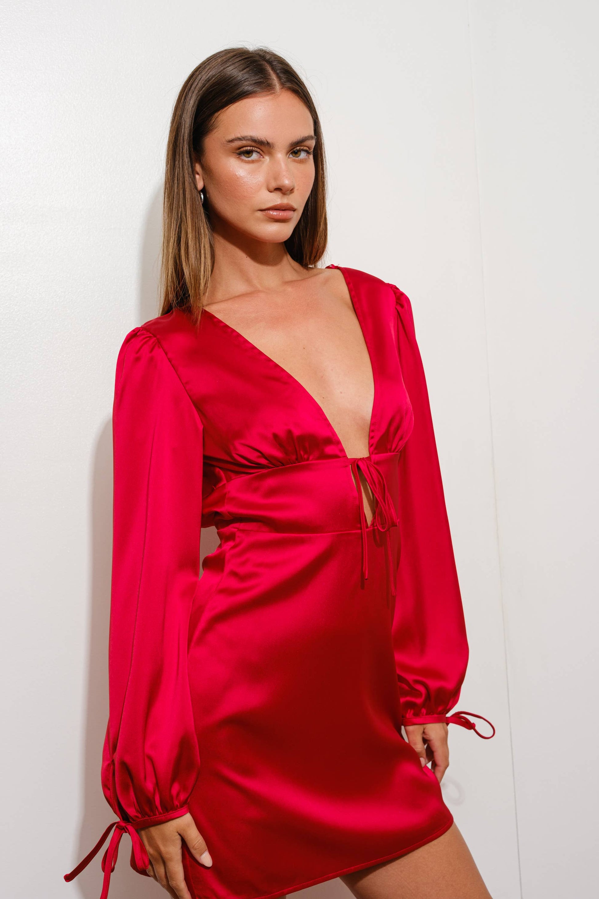 Courtney Satin Mini Plunge Dress Sandpiper Lu Courtney Satin Mini Plunge Dress Sandpiper Lu