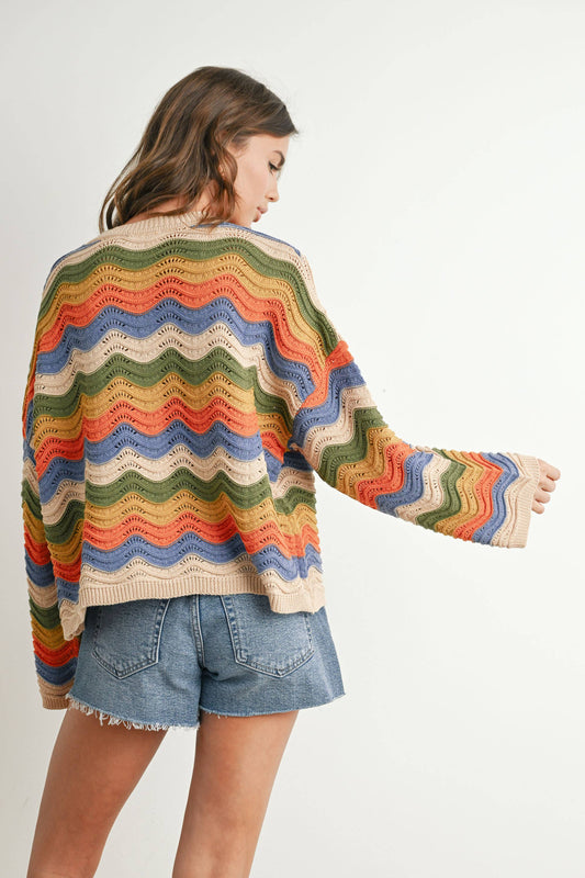 Person wearing a colorful striped sweater and denim shorts on a white background